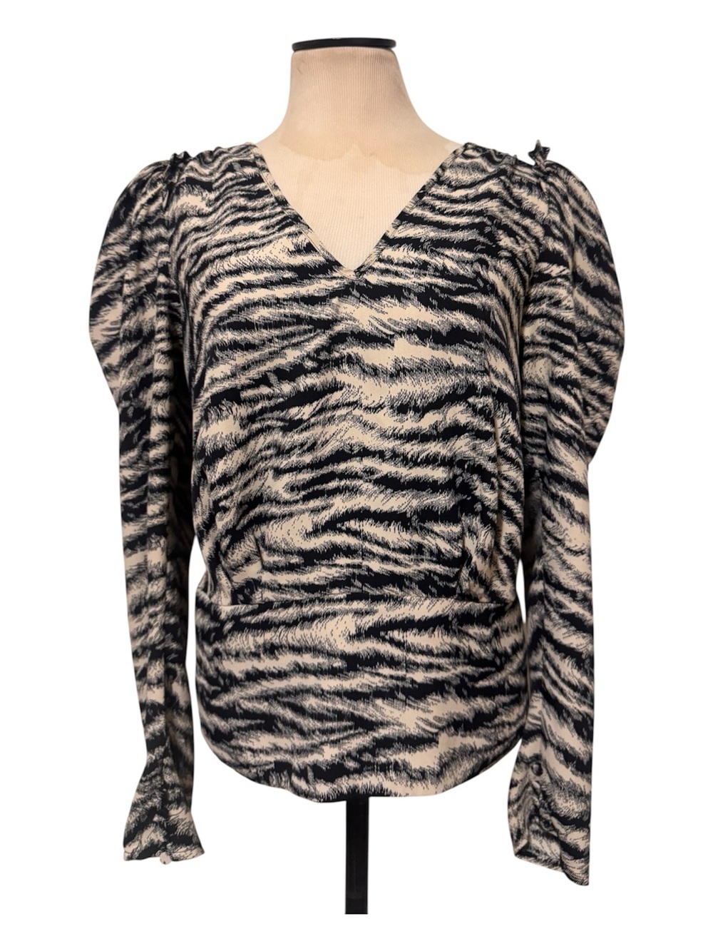 Express Women’s Black and Cream V-Neck Zebra Print Blouse size M